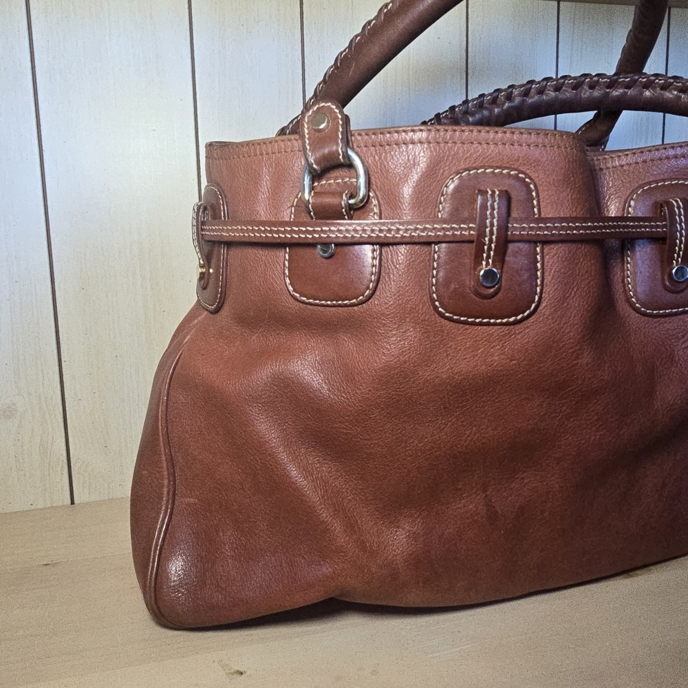 Vtg Michael Kors Double Pocket Buckle Whipstitch Leather Brown Hand Shoulder Bag - Picture 5 of 10